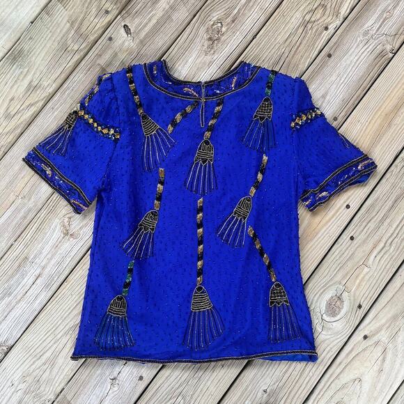 Laurence Kazar Vintage Royal Blue Beaded 100% Silk Evening Blouse Size M - Picture 2 of 10